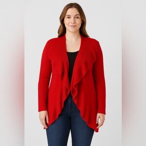 “Red Ruffle Open Front Cardigan Sweater XL – Draped Ribbed Knit Layering Piece”